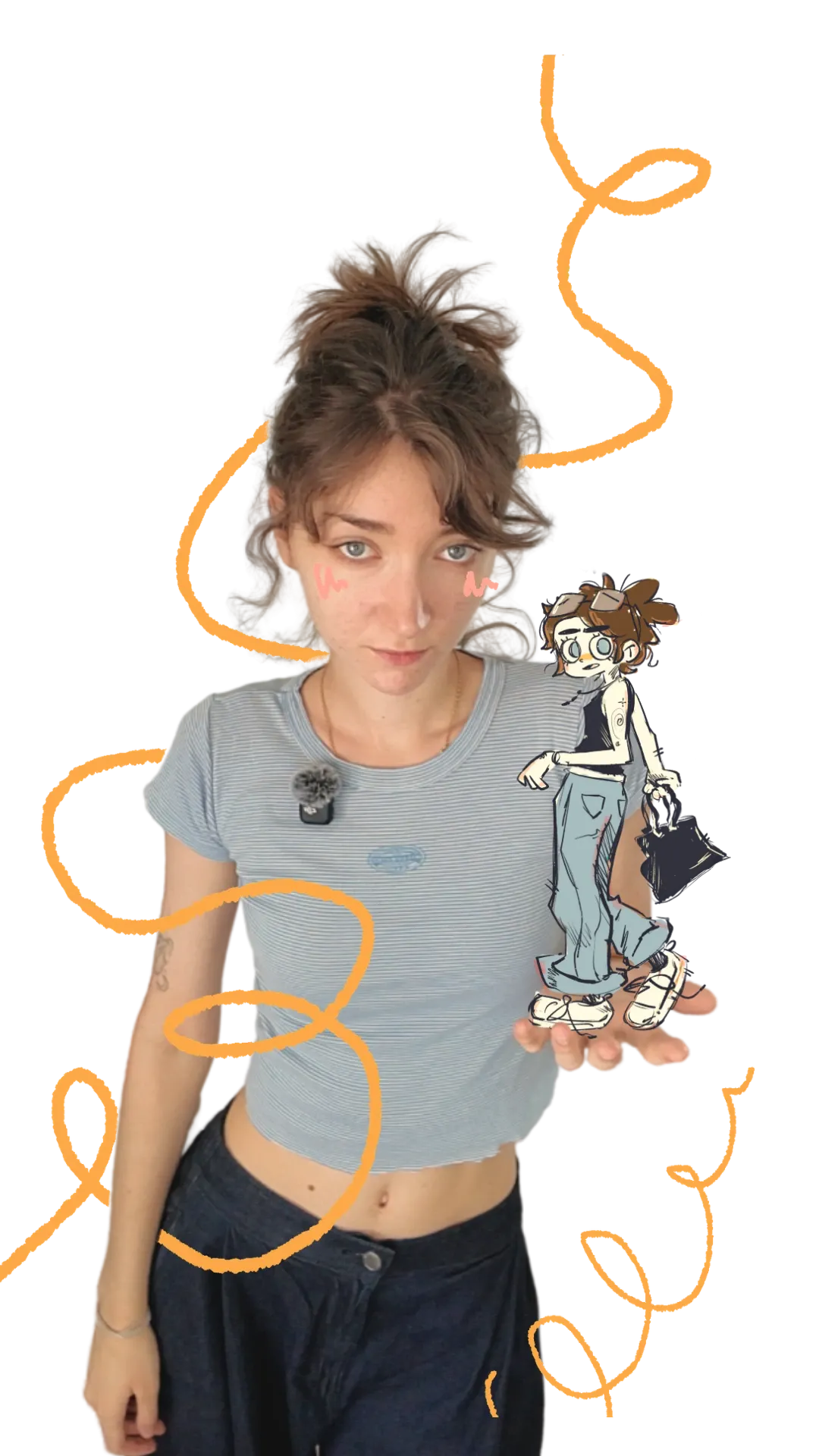 Élo holding her illustrated character